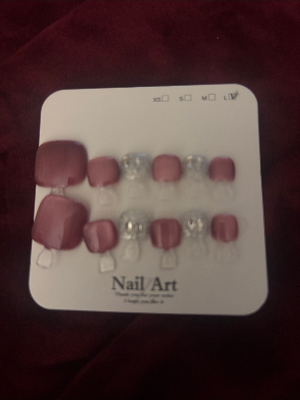 Nail Art Mauve Press-On Toe Nails with Rhinestone Accents